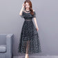 Mesh Chiffon Floral Dress Female Summer Off-shoulder Beach Skirt Over The Knee Long A-line Skirt Big Skirt Hemline Waist Slim Cute Dress Female