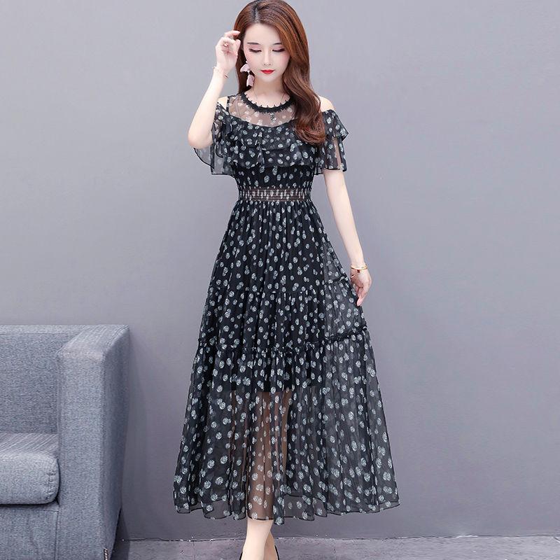 Mesh Chiffon Floral Dress Female Summer Off-shoulder Beach Skirt Over The Knee Long A-line Skirt Big Skirt Hemline Waist Slim Cute Dress Female