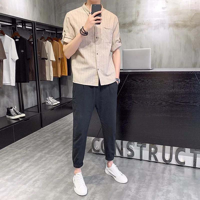Men's Casual Handsome Mature Men's Striped Shirt and Solid Color Casual Pants Two-piece Suit