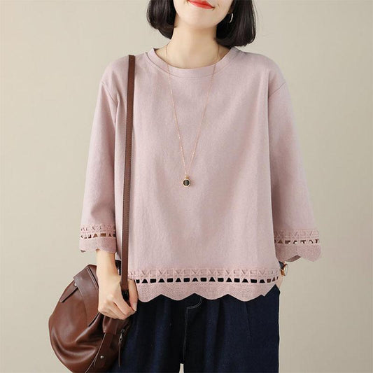 Cotton T-shirt Women's Round Neck Versatile Floral Hollow Out Thin Large Size Loose Three-quarter Sleeve Bottoming Shirt