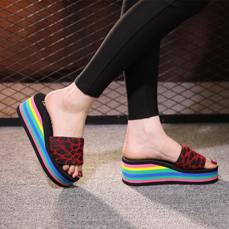 Women Sandals Platform Rainbow Non-Slip Thick Soled Wedge Slippers Summer Beach Slipper