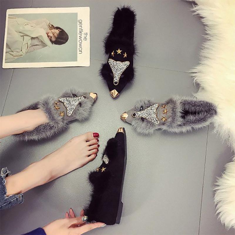 Fox Fur Cotton Shoes Autumn and Winter Goose Down Fit Women's Crystal Pointed Cotton Beanie Shoes