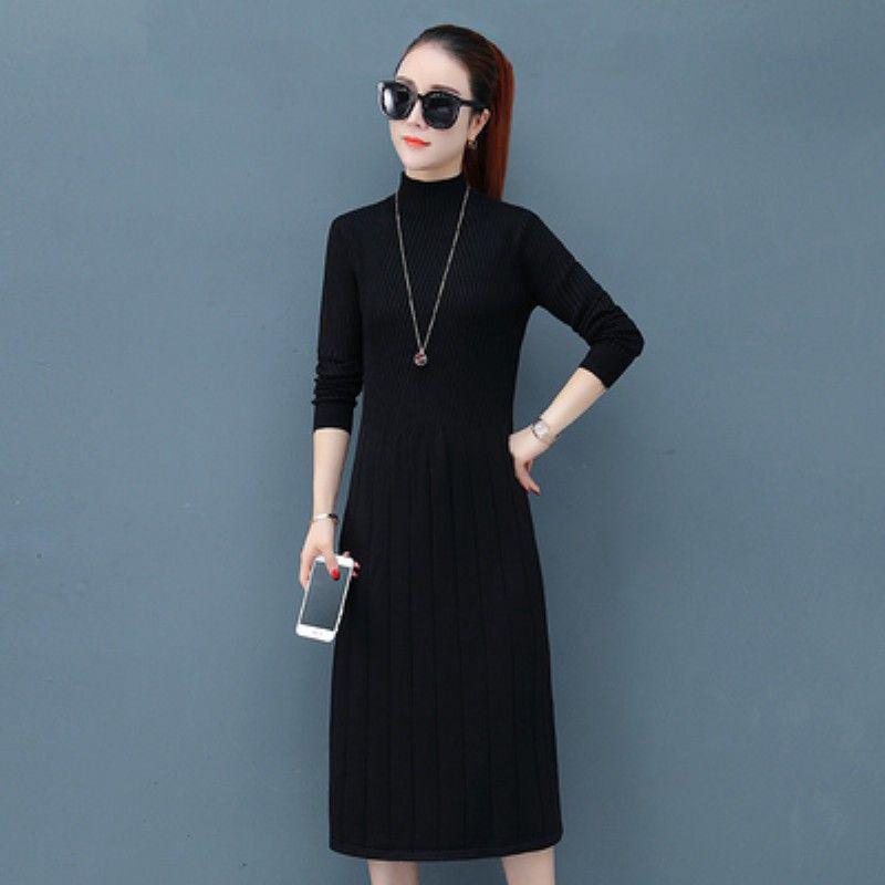 Elegant Half-high collar Split Midi Dress Women Knitted Sweater Dress Button Long Sleeve  Dress