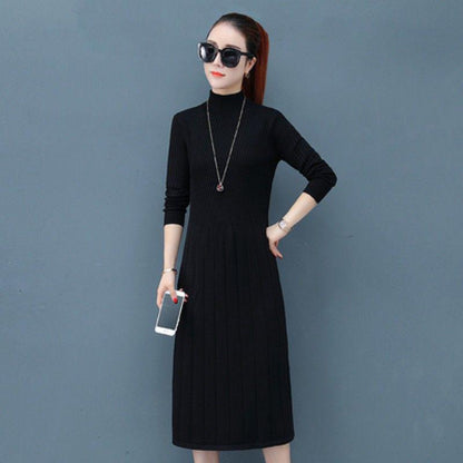 Elegant Half-high collar Split Midi Dress Women Knitted Sweater Dress Button Long Sleeve  Dress
