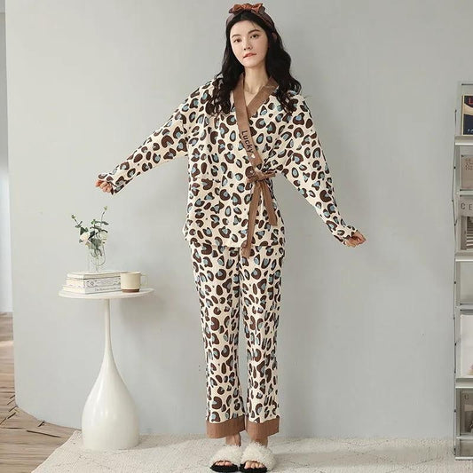 Women's Leopard-print Cotton Pajamas Set V-neck Long-sleeves Pyjama Set Japanese Kimono House Wear Loose Top Pants Two-piece Set