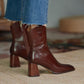 Soft Leather Boots Women Autumn  Winter Vintage Square Toe Short High-heeled Cowboy Boots Chunky Heel Ankle Boots