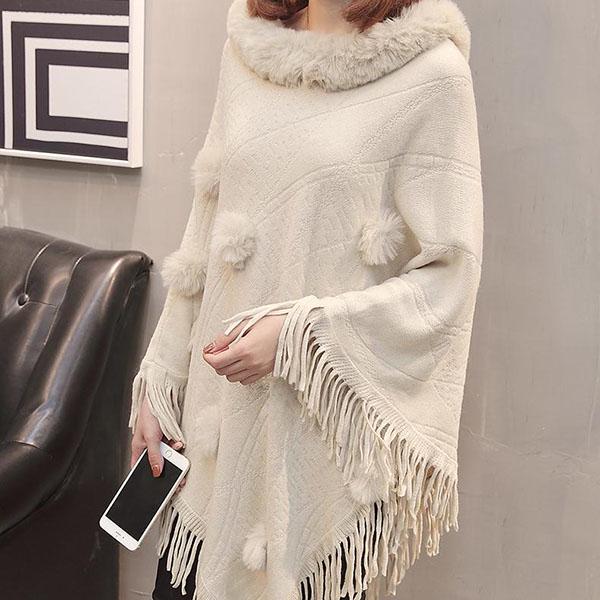 Women's Loose Sweater Outer Wear Fur Collar Batwing Sweater  Hand-woven Tassel Cloak Knit Shawl Autumn Winter