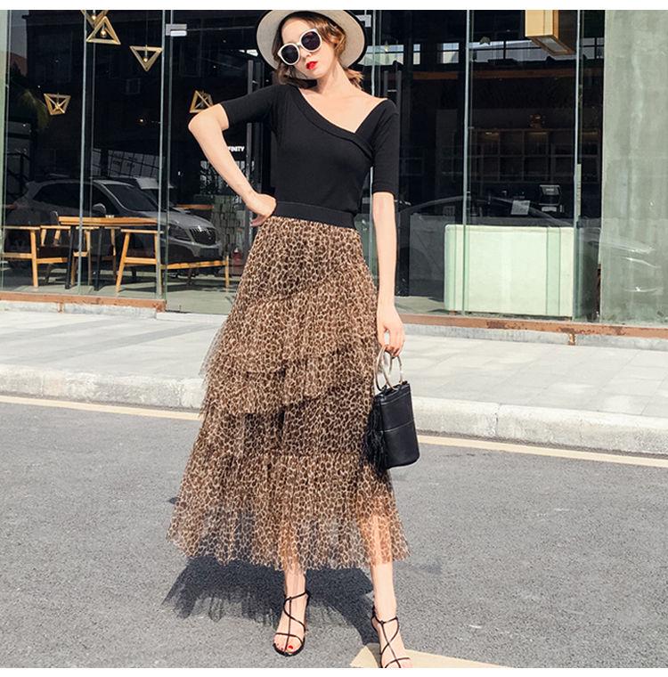 Elastic High Waist Long Tulle Skirt Women Irregular Hem Mesh Tutu Skirt Summer Leopard Print Skirt