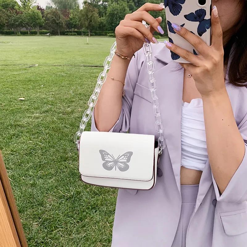 Butterfly Print Chain Shoulder Bags Casual Female Crossbody Bags Portable PU Leather Multi-Layer Transparent Chain Handbag