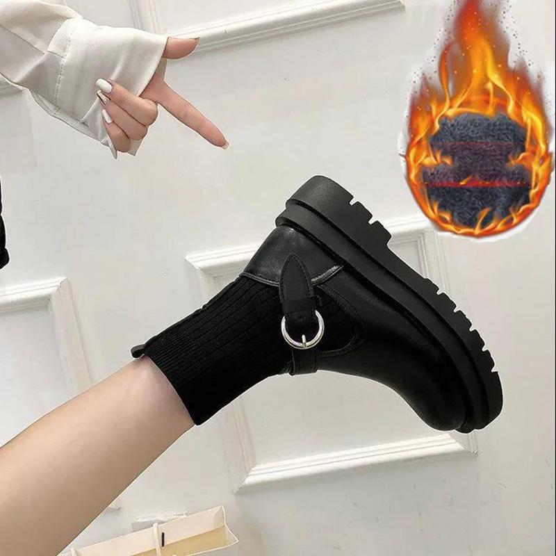 Winter Women's Short Boots Thick-heeled Thick-soled Martin Boots Fashion Knit Stitching Stretch Boots