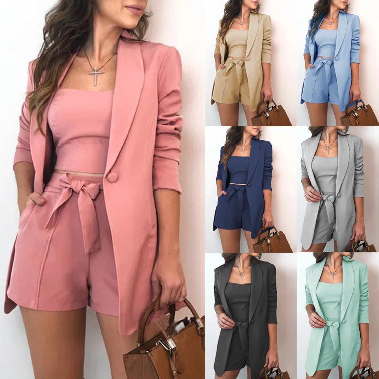 3PCS Women's Spring/Summer Solid Color Casual Suit Ladies Vest + Suit Jacket + High Waist Shorts Three-piece Workplace Work Suit