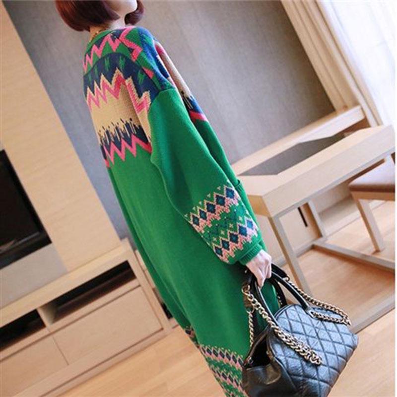 Vintage Rhombus Printed Knitted Cardigan Sweater Women Spring Autumn Oversized Knitted Jacket Loose Long Knitwear Outer Wear