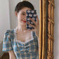 Female Vintage Elegant Plaid Square Neck Bubble Sleeve Vacation Dress Slim Graceful Short Holiday Dress