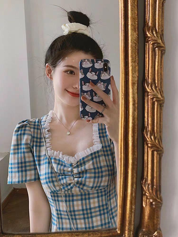 Female Vintage Elegant Plaid Square Neck Bubble Sleeve Vacation Dress Slim Graceful Short Holiday Dress