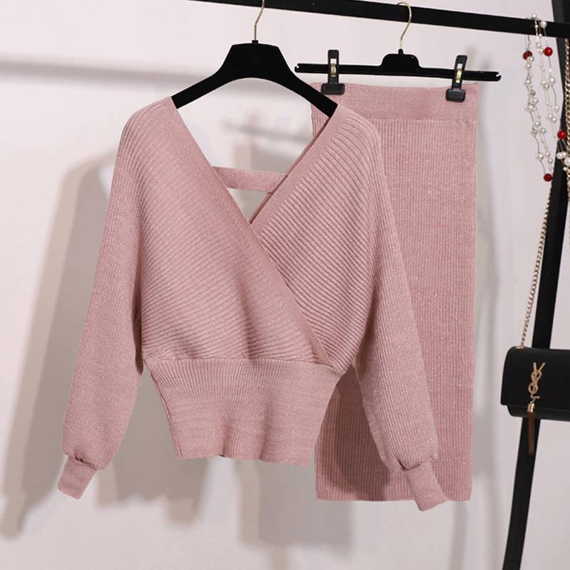 V-neck Women Knitted Skirt Suits Batwing Sleeve 2 Pieces Elegant Party Female Sweater Elegant Dress