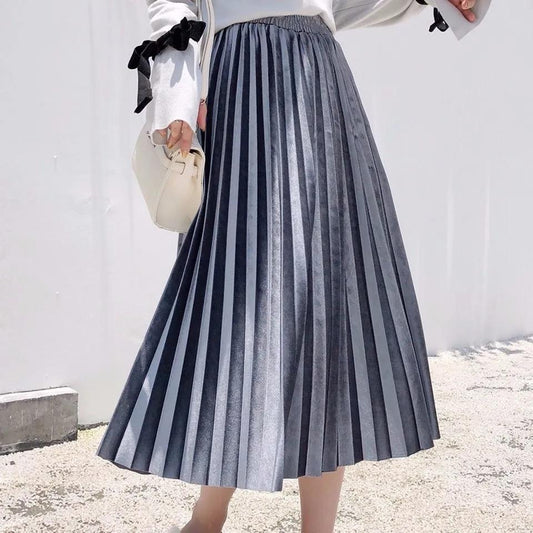 Velvet Pleated Skirt Women's Spring Autumn Korean Style High Waist Skirt Mid-length Slim A-line Skirt Long Skirt
