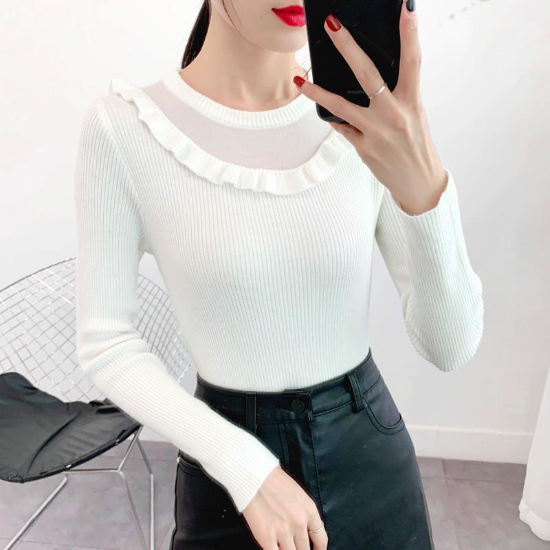 Sweater Women's Ruffled Collar Pullover Knitwear Korean Style Slim Solid Color Top Trendy Sweater Autumn and Winter Lady Style