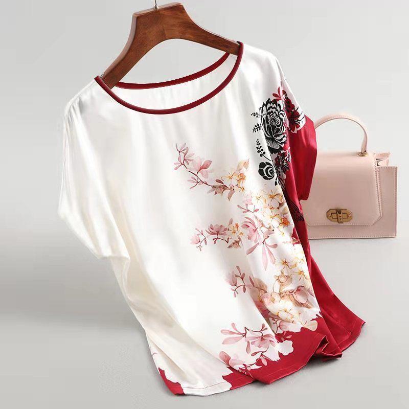 Ice Silk Fabric Printing Plus Size Women's Summer Short-sleeved Top Women's Summer Loose Cover Belly Was Thin