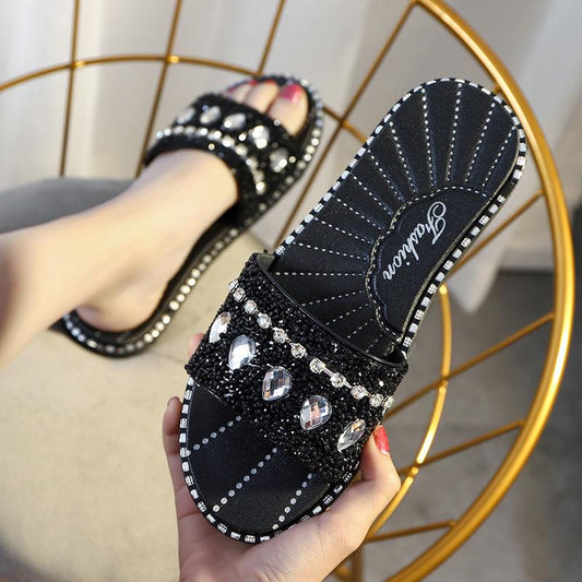 2020 Slippers Female Summer Korean Version Wild Fashion Cool Water Drop Flash Diamond Flat Bottom Non-slip Word with Sandals