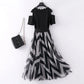 Women's Strapless V-neck Striped Dress Large Skirt Mesh Skirt Temperament Lady Style Long Stitching Dress Can Be Worn with A Belt and Waist Is Slim
