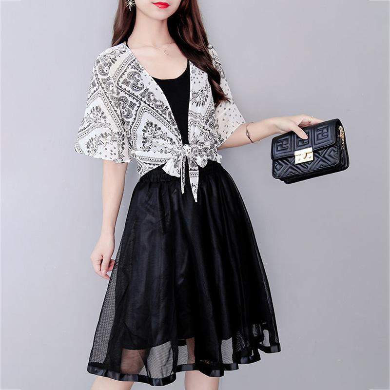 Printing Chiffon Shawl Coat Top Can Be Fitted with Suspender Skirt Women Summer Thin Sun Protection Clothing Short Cardigan