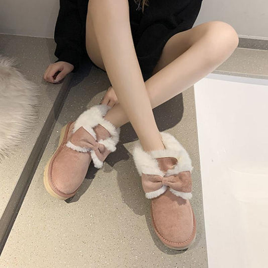 Snow Boots Women's Winter Bowknot Students Cute and Velvet To Keep Warm Wearing Thick-soled Non-slip Cotton Shoes