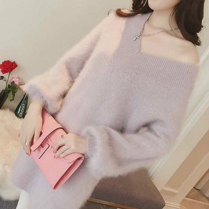 Pofulove long loose knitted base shirt autumn and winter new women's v-neck imitation mink sweater