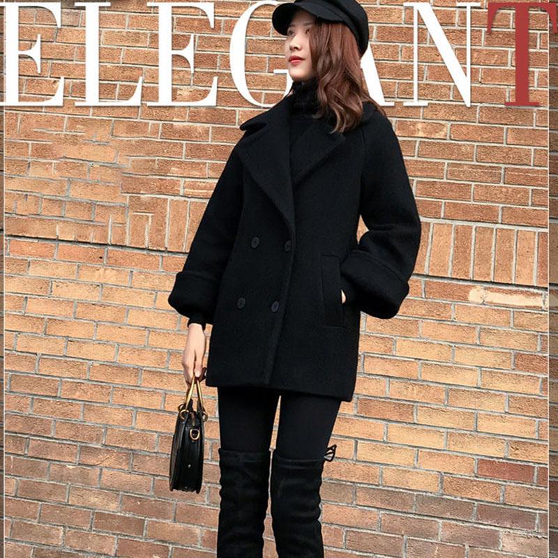 Loose Black Woolen Coat Mid-length Woolen Coat Autumn  Winter Thick Double-breasted Pea Coat