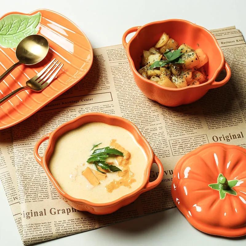 Japanese-style Cute Pumpkin Steamed Bowl Home with Cover Stewed Ceramic Double Ear Soup Bowl of Children's Creative Food Bowl