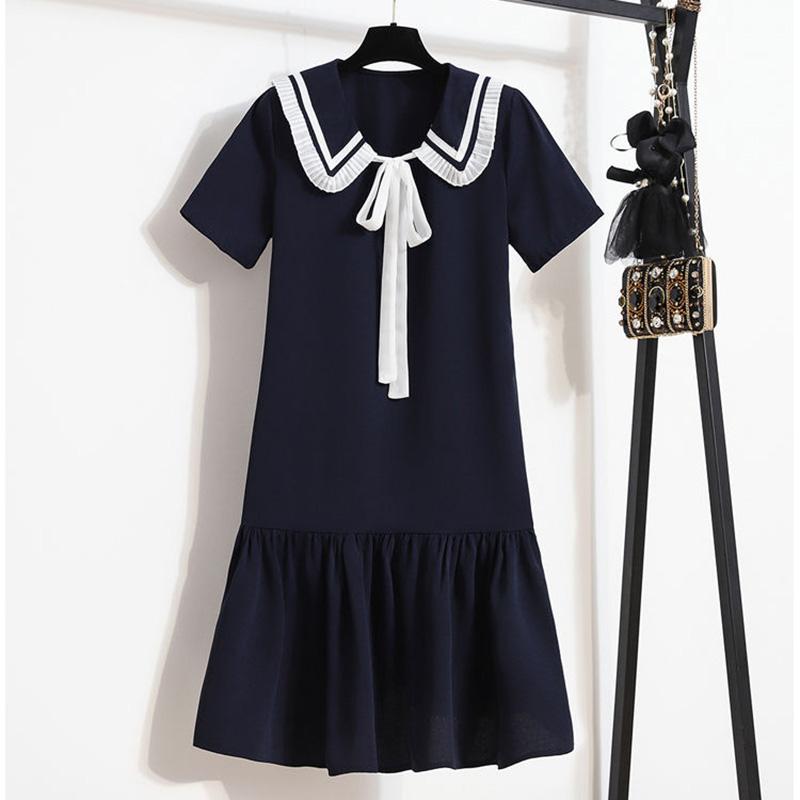 Sailor Collar Navy Dress Sweet Bow-knot Girl Retro Style Student Girls Knee-length Solid Color Dress