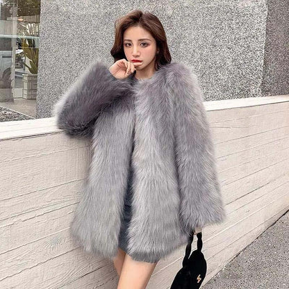 Fur Coat Women's Autumn and Winter Models of Imitation Fox Fur Coat Thick Mid-length Fur Coat All-match Slim