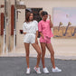 2PCS Summer Women's Suit Sports Casual Short Sleeve Suit Two Piece Ladies Casual Tops Running Fitness Pants Gym Sets Pink Suit Solid Color Clothes