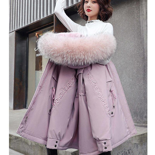 Parka Women's Large Fur Collar Down Padded Jacket Warm Cotton-padded Jacket Waist Down Padded Jacket Comfortable and Soft