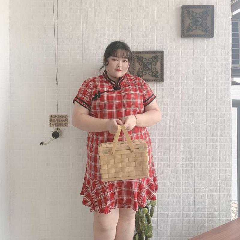 Fat Girl 300 Kg Extra Large Plaid Dress Summer New Product Improved Version Loose and Thin Ruffled Cheongsam Women