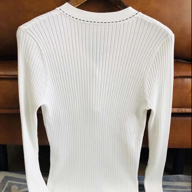 Sweater Long-sleeved Knitted Sweater Women's V-neck Slim Thin T-shirt All-match Sweater Slimming Top Women's Korean Style