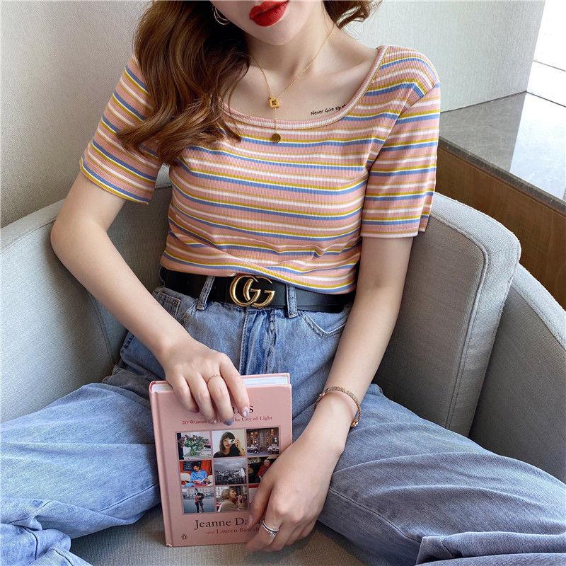 Summer Rainbow Striped Short-sleeved T-shirt Women's Slim French Square Collar with Half-sleeve Top