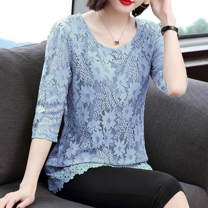 M-4XL Blouse Loose Round Neck 3/4 Sleeves Solid Color Fashion Shirt Plus Size Slim Fit Elegant Hollow Lace Shirt Top
