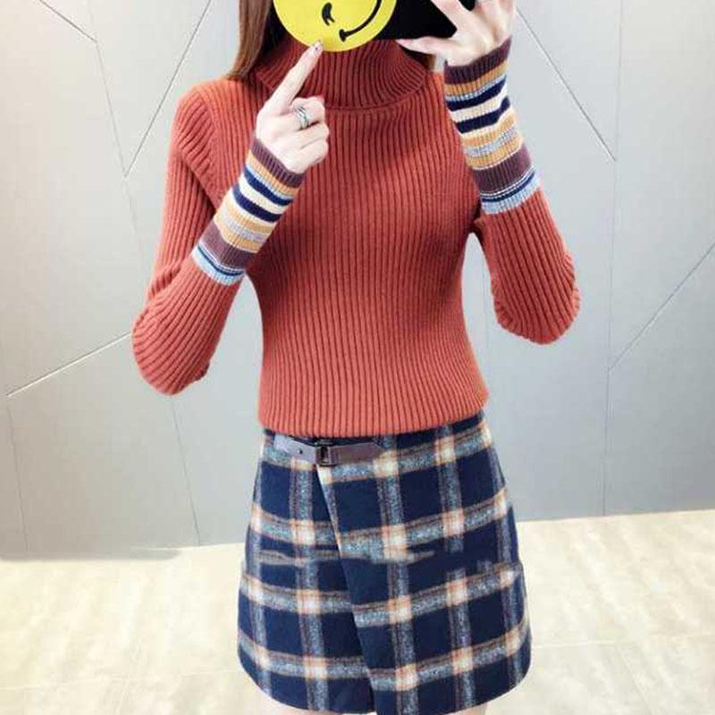 Pofulove  Women Striped Turtleneck Sweater Autumn Winter Long Sleeve Slim Knitted Pullover Sweater
