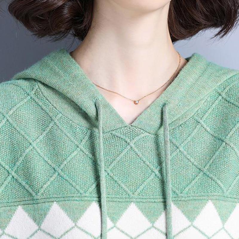 Hooded Sweater Women Rhombus Jacquard All-match Sweater Loose Pullover Women
