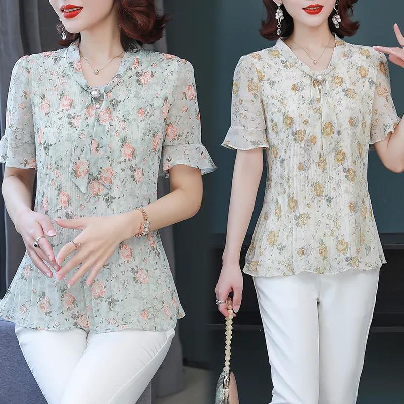 Women's Summer Chiffon Short Sleeve Top V-Neck Large Floral Loose T-Shirt