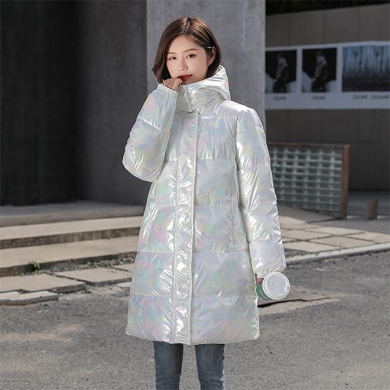 Women's Winter Korean Loose Quilted Coat Warm Stand-collar Down Jacket Women's Glossy Mid-length Down Jacket