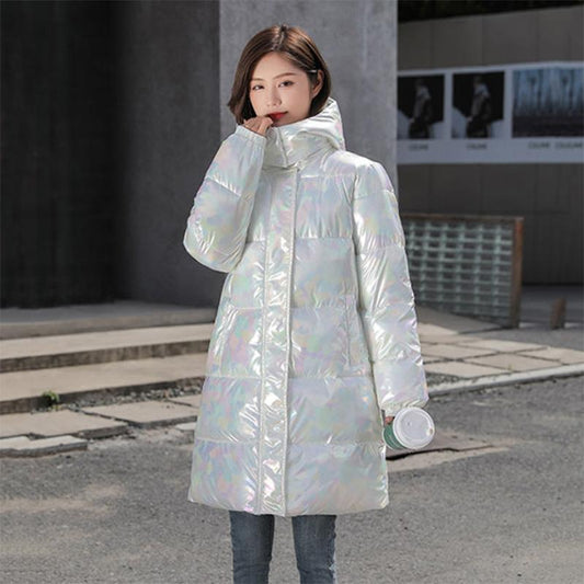Women's Winter Korean Loose Quilted Coat Warm Stand-collar Down Jacket Women's Glossy Mid-length Down Jacket