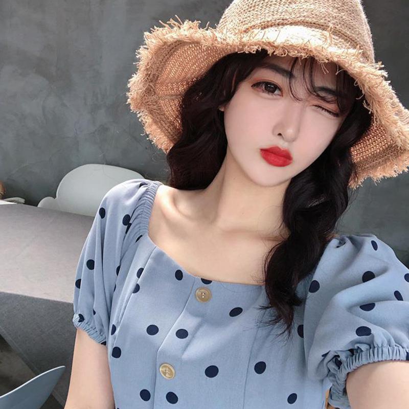 Chiffon Polka Dot Dress Women's Short  Sleeve Square Neck Daily Dating Party Office Wear A-line Sun-dress