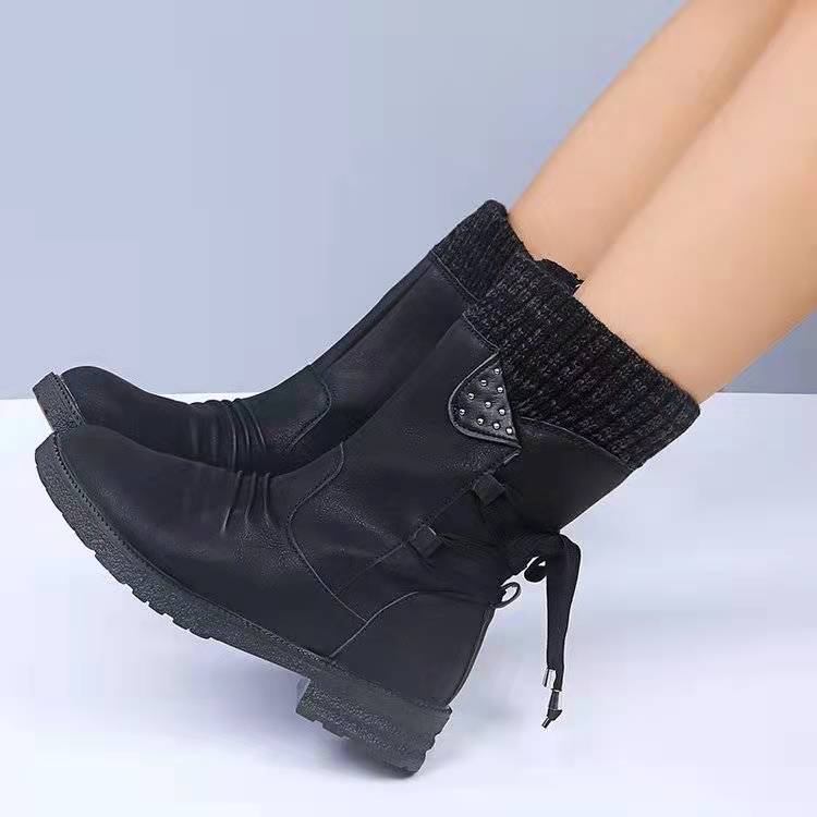 Women's Winter Warm Calf Boots Casual Snow Boots Leather and Sweater Bandage Boots Cowgirl Boots