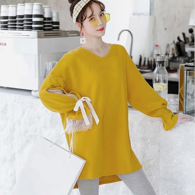 Maternity Clothes Long Sleeve Dress Mid-length Sexy Lace Yarn Bow Strapped Loose Plus Size V-Neck Long Skirt