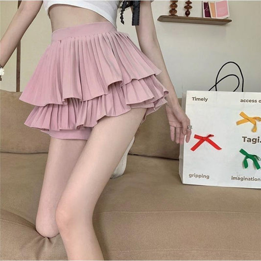 Double Layer Cake Pleated Skirt Tutu Skirt Anti-lighting Girl Shorts Skirt High Waist A-line Skirt