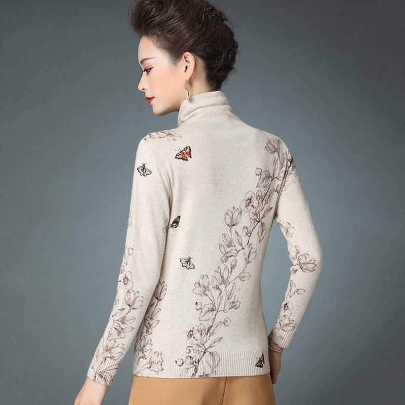 Vintage Pile Collar Turtleneck Sweater Women Short Print Knitted Sweater Bottoming Coat Autumn and Winter Pullover Sweater