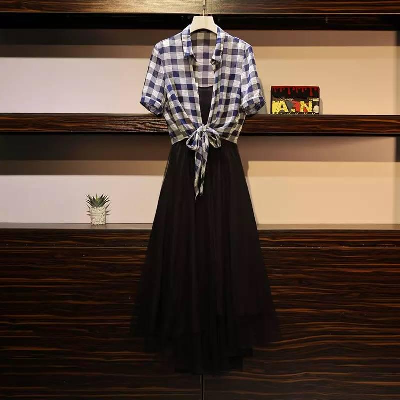 Women Plus Size Set Summer Long-sleeve Irregular Plaid Shirt Strap Dress