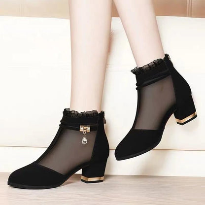 Mesh Women's Shoes High Heels Thick Heel Short Tube Women Boots Black Single Shoes