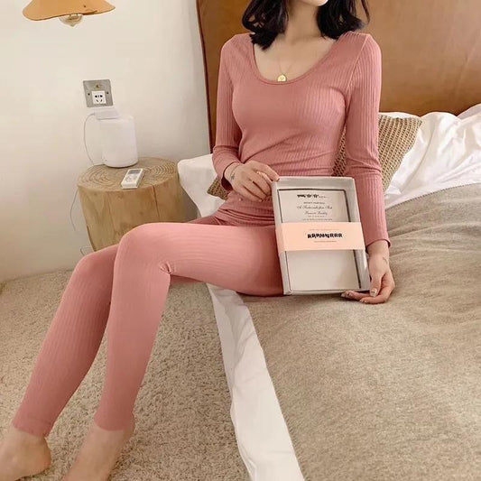 Women's Vertical Striped Pajamas Set Autumn Winter Long-sleeved Tight-fitting Thermal Clothing Set Body-shaping Self-heating Pajamas Two-piece Set